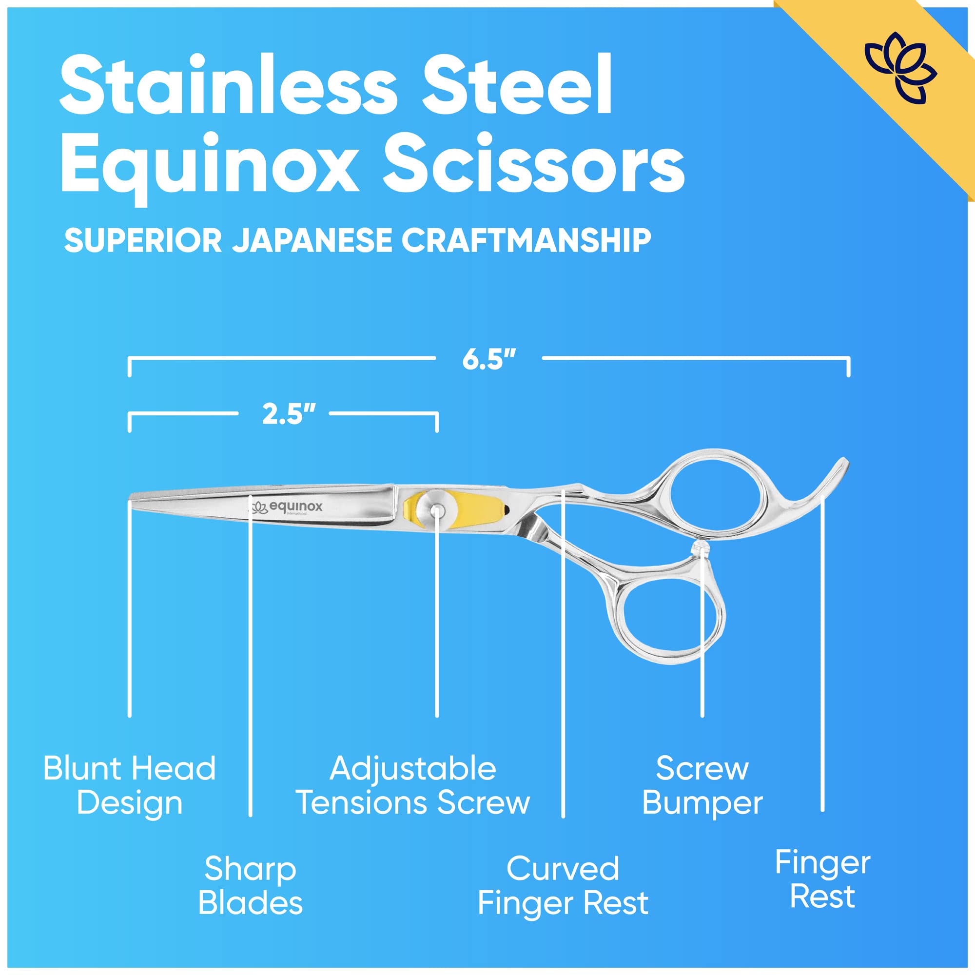 Tijeras Equinox Professional con tornillo de ajuste para tensión personalizada y control.
