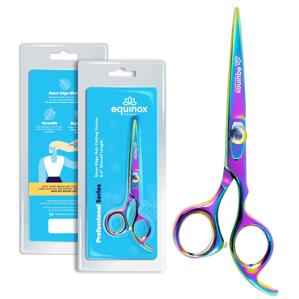 Tijeras profesionales Equinox Razor Edge ergonómicas para cortes suaves y confort.