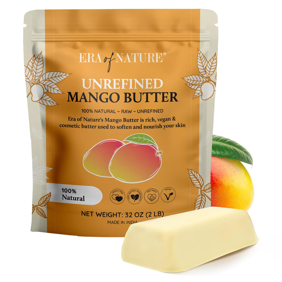 Beurre mangue cru Era of Nature en bloc 32oz pour soins corporels naturels.