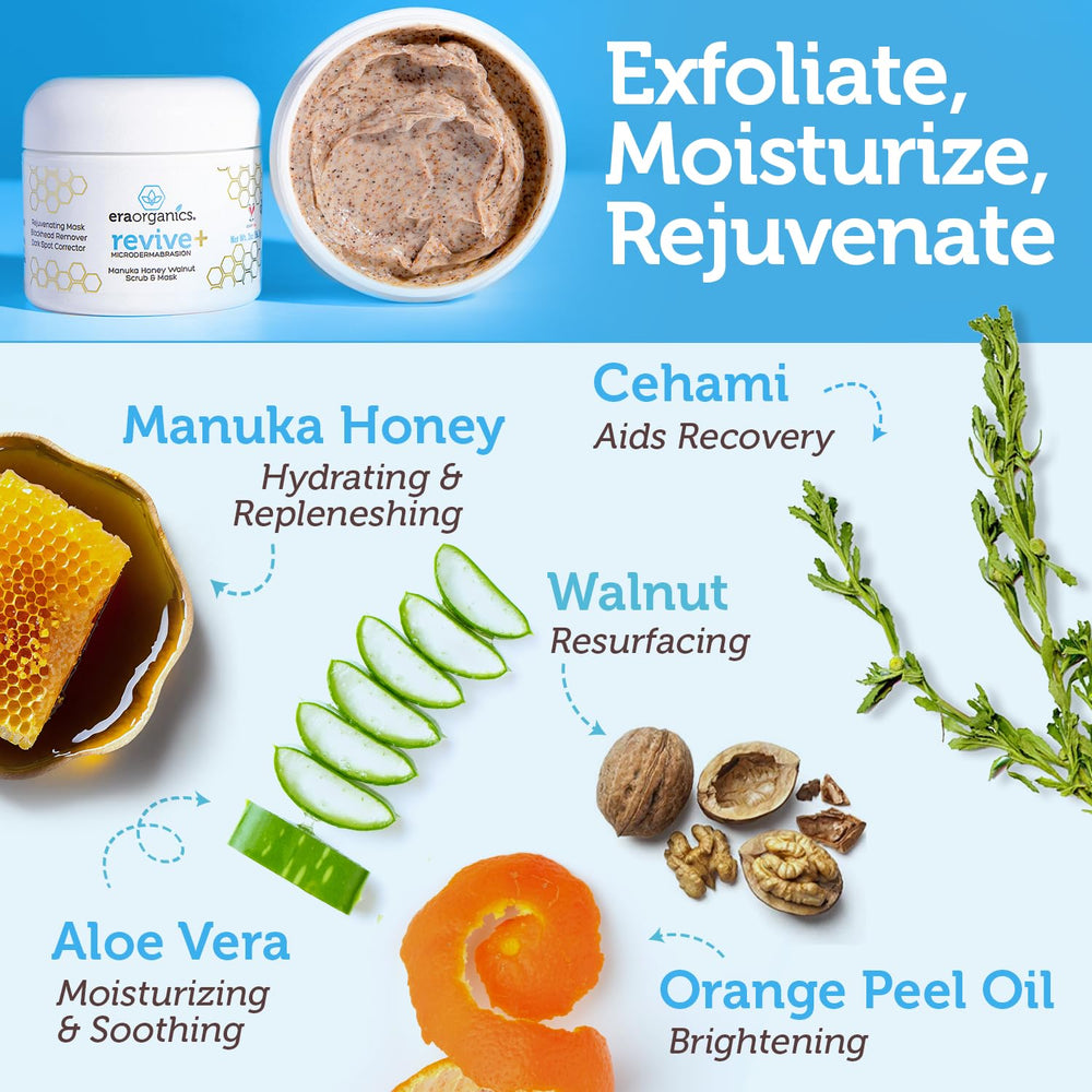 Era Organics exfoliante facial, miel de Manuka e ingredientes clave para la piel.