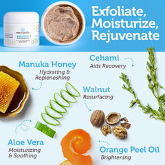 Era Organics Manuka Exfoliante, aplicación suave en la mano para limpieza de poros.