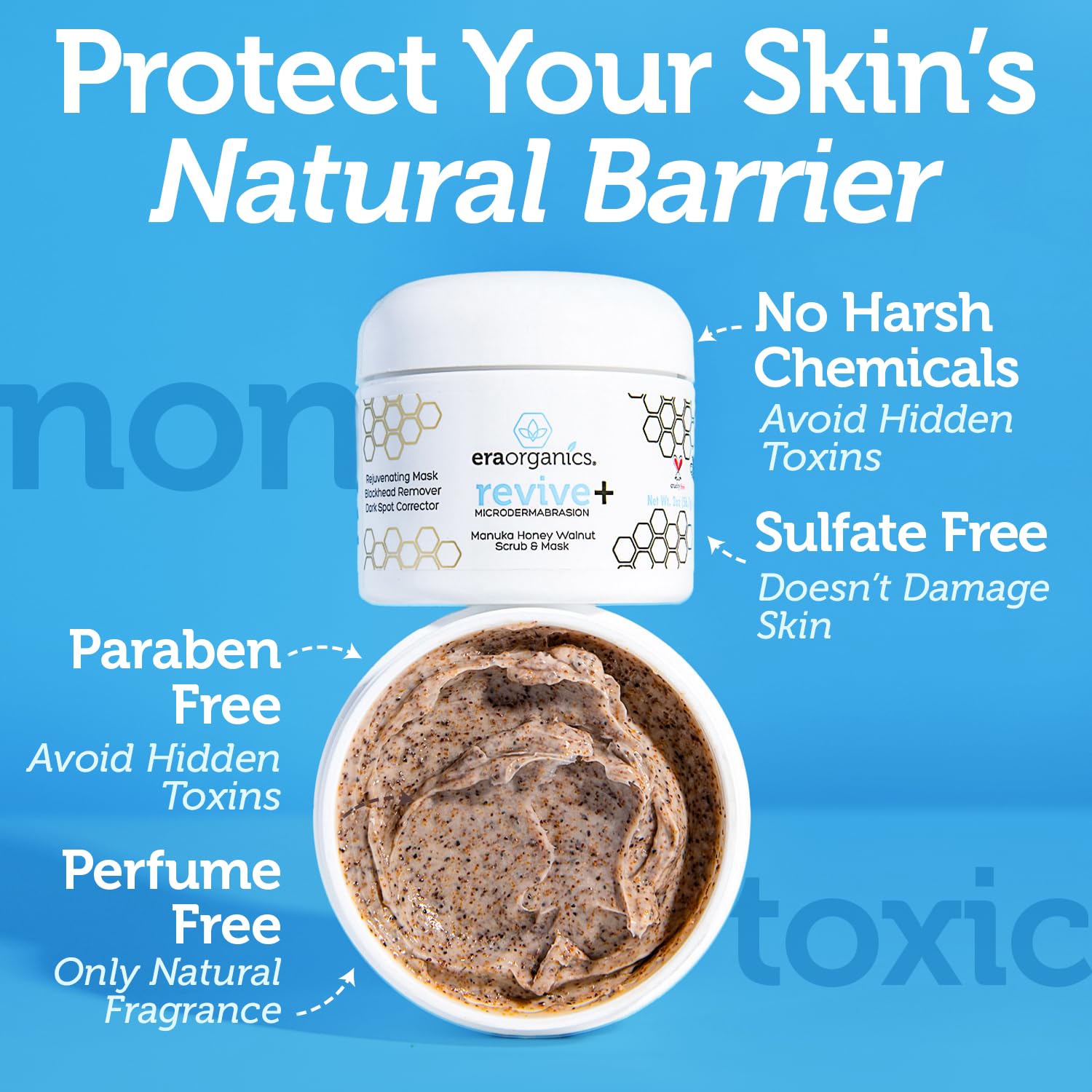 Era Organics Manuka Exfoliante: ingredientes de miel y superalimento para cuidar piel sensible.