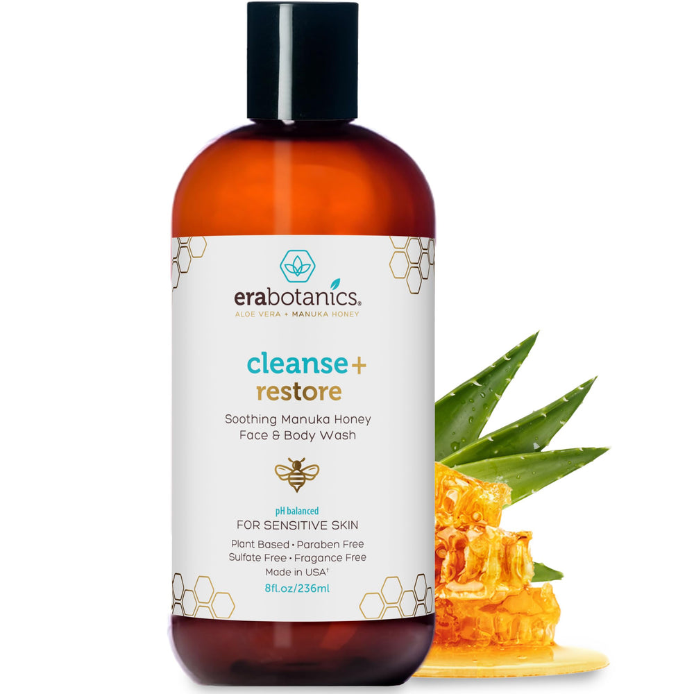 Era Organics Miel Manuka – bouteille nettoyant visage pour peau sensible et hydratation.