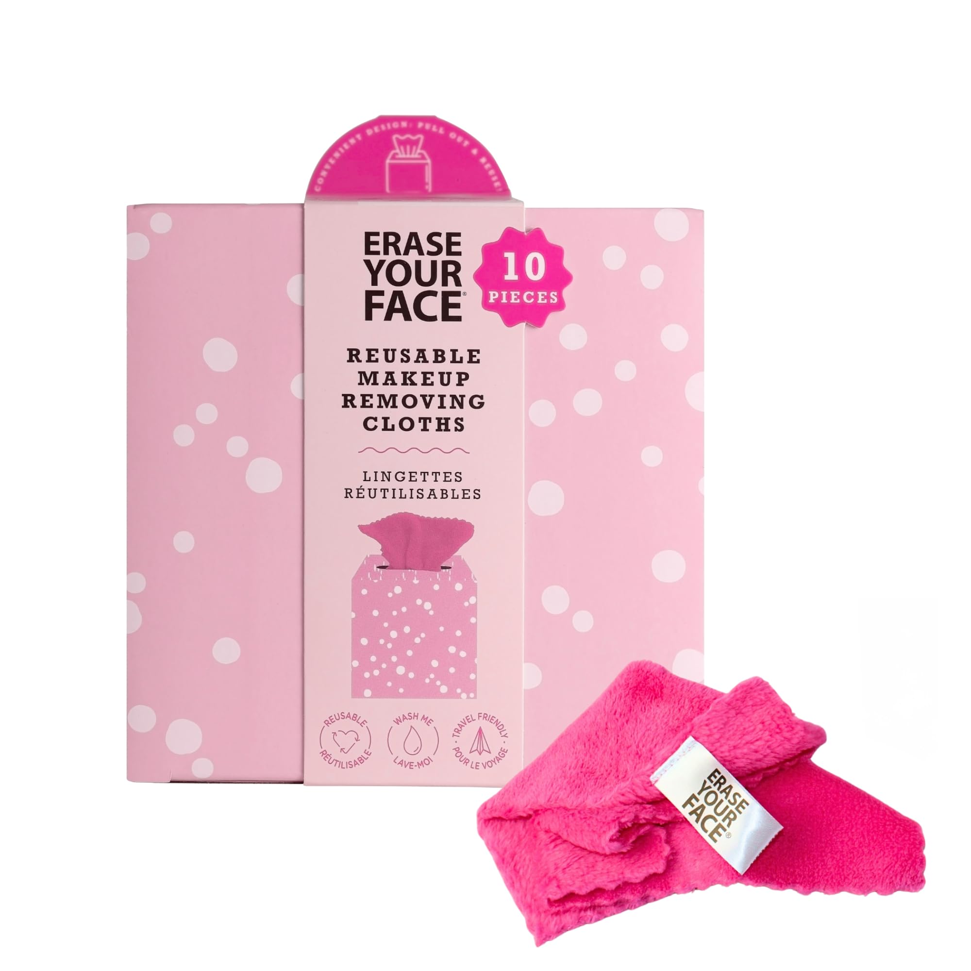 Toallitas ERASE YOUR FACE de microfibra rosadas para limpieza suave con agua.