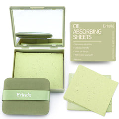 Hojas absorbentes de Erinde con espejo y aplicador suave para retoques discretos.