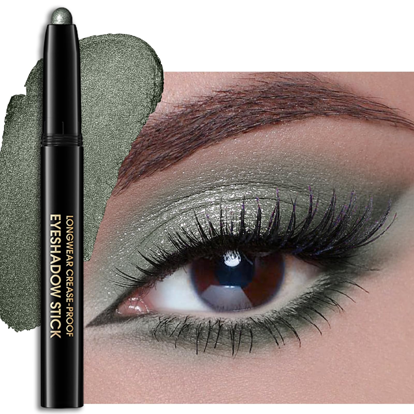 Sombra de ojos Erinde crema verde oscuro con brillo para un acabado intenso.