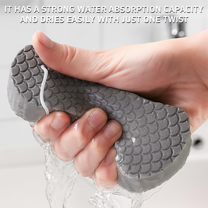 Esponja exfoliante mágica para baño, empaquetada en rosa y gris.