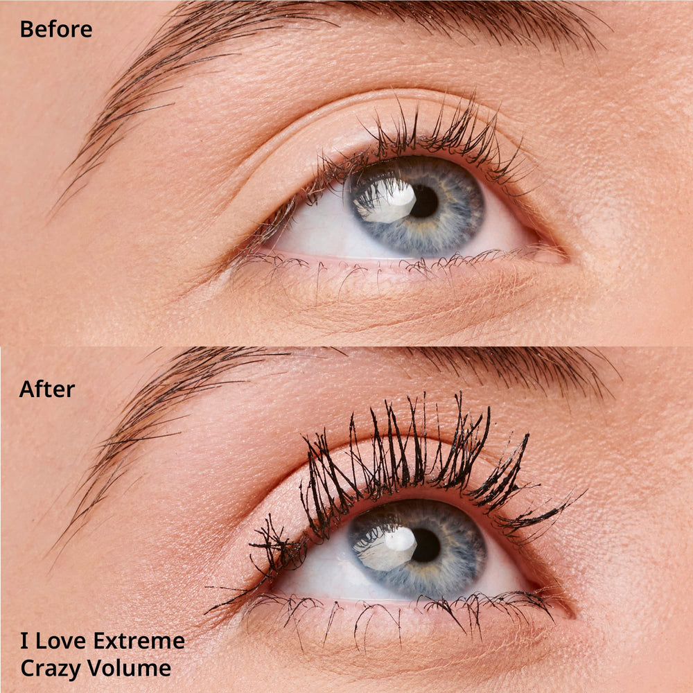 Antes y después con essence I Love Extreme Crazy Volume Mascara muestra incremento visible.