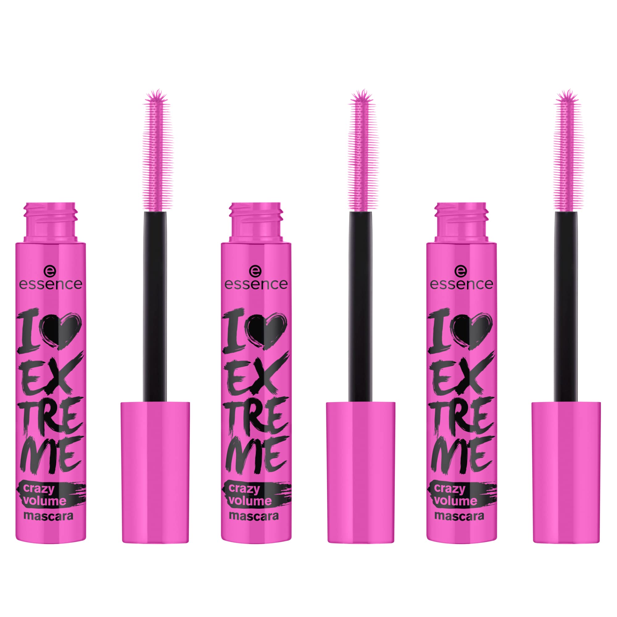 Mascara essence I Love Extreme Crazy Volume en caja de tres para volumen instantáneo.