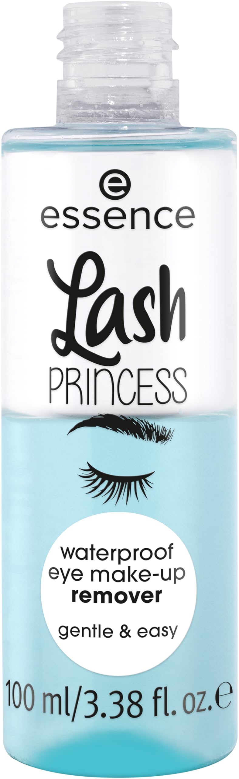Lash Princess desmaquillante bifásico essence disuelve maquillaje resistente al agua para un acabado limpio.