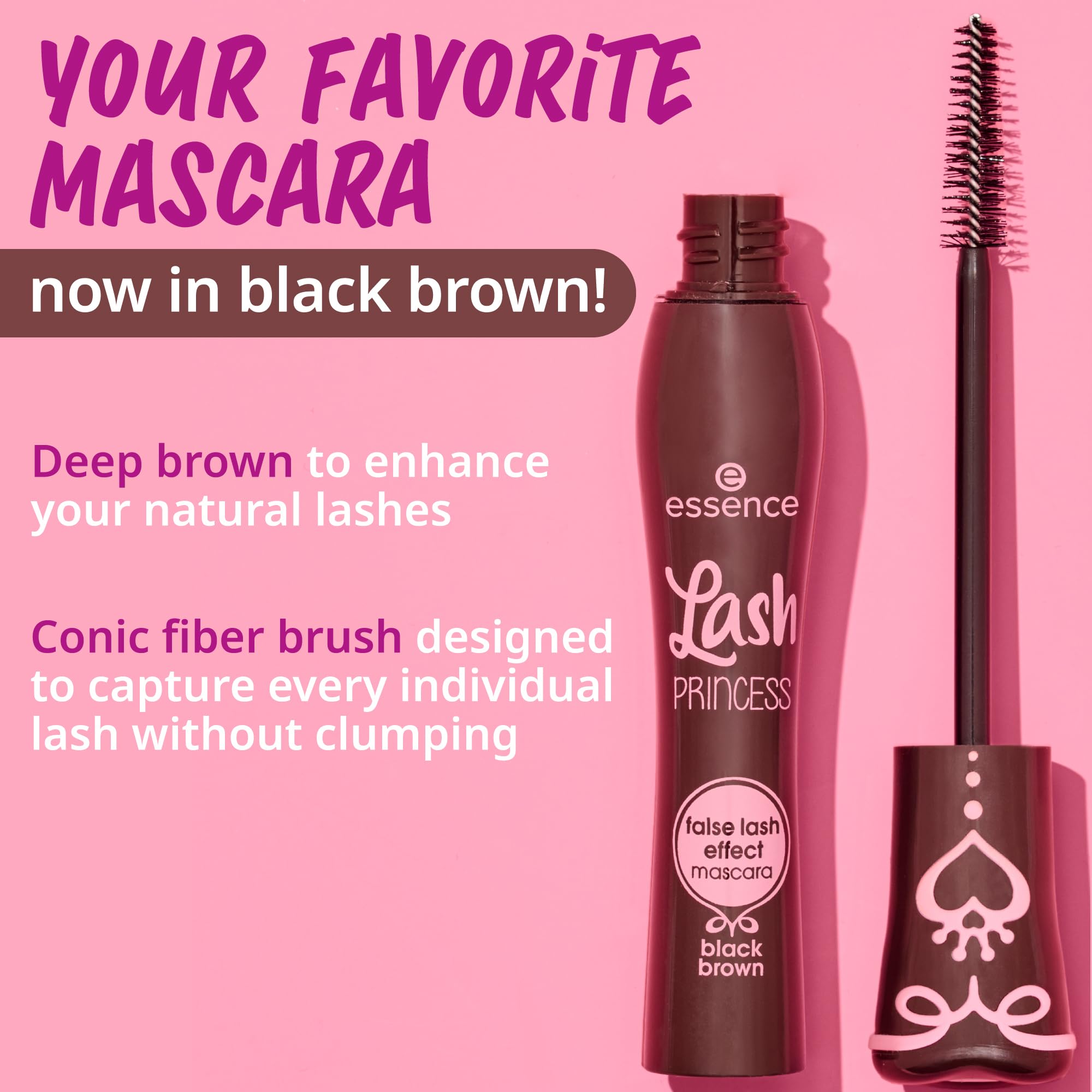 essence máscara marrón para volumen visible y look natural.
