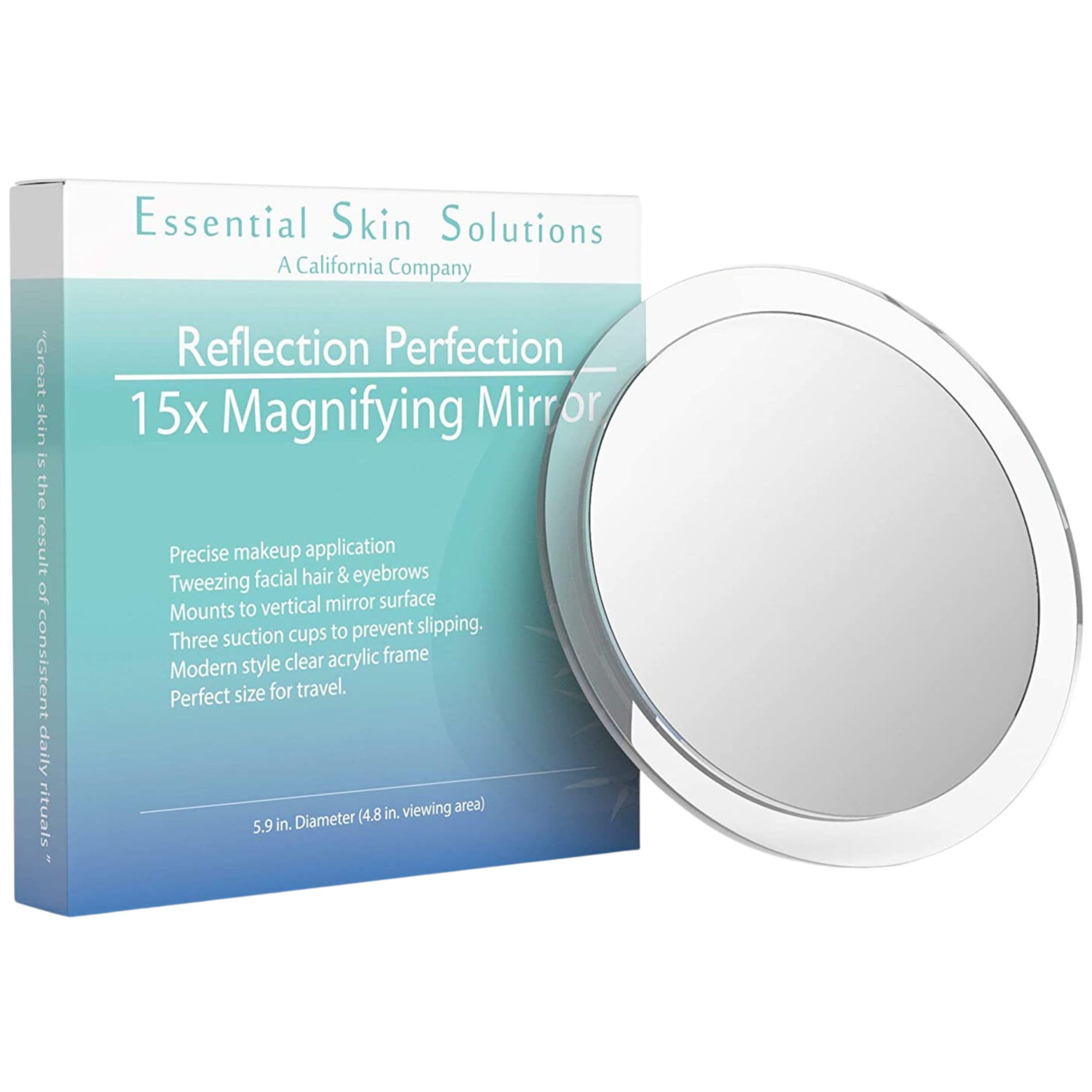 Espejo Essential Skin Solutions 15x para maquillaje preciso y depilación cercana.