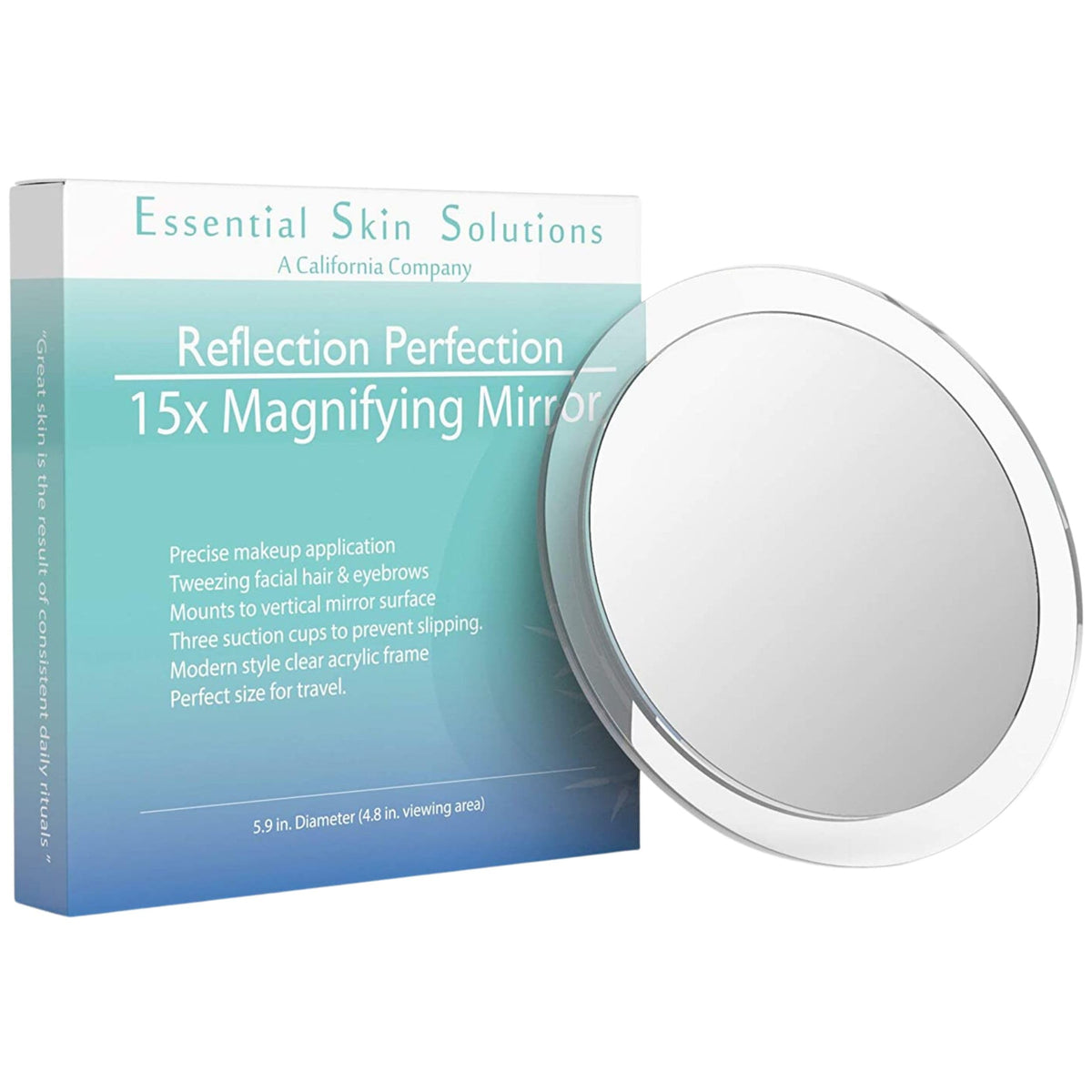 Espejo Essential Skin Solutions 15x para maquillaje preciso y depilación cercana.