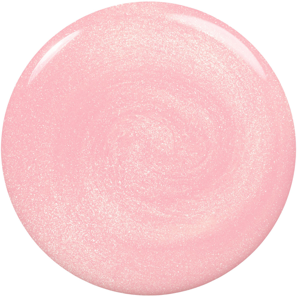 Esmalte essie Birthday Girl con brillo rosa iridiscente para color duradero.