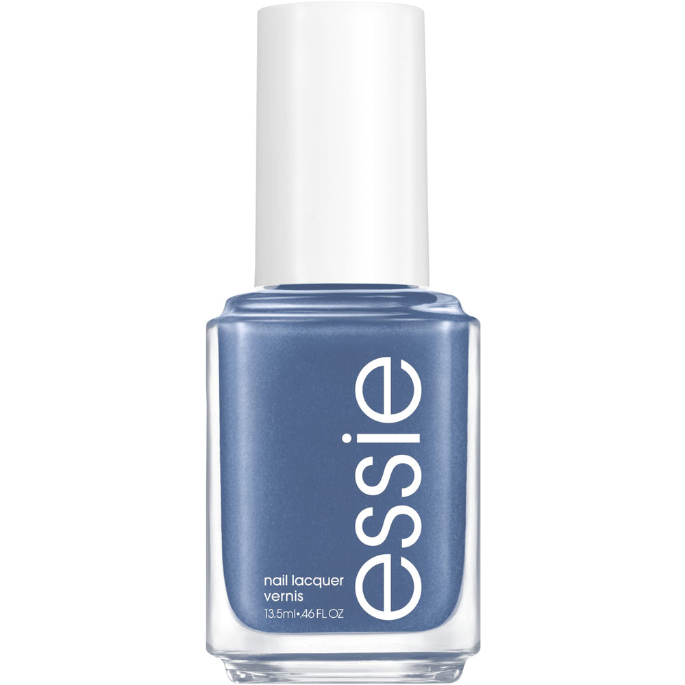 essie From A to Zzz, botella de esmalte azul desaturado con brillo.