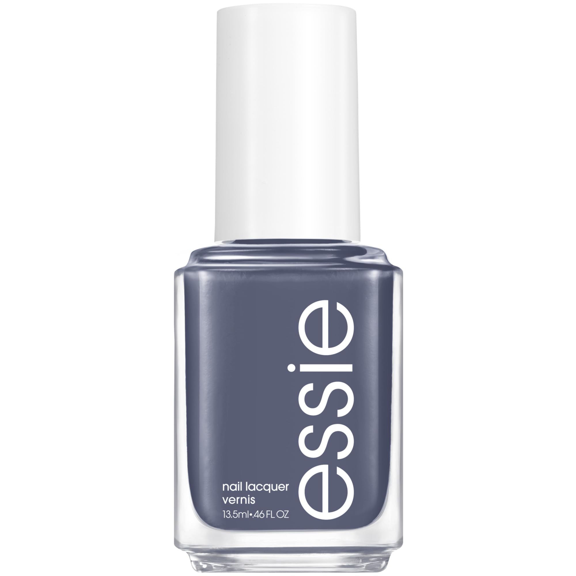 Esmalte Essie gris acero, acabado crema brillante para uñas elegantes.
