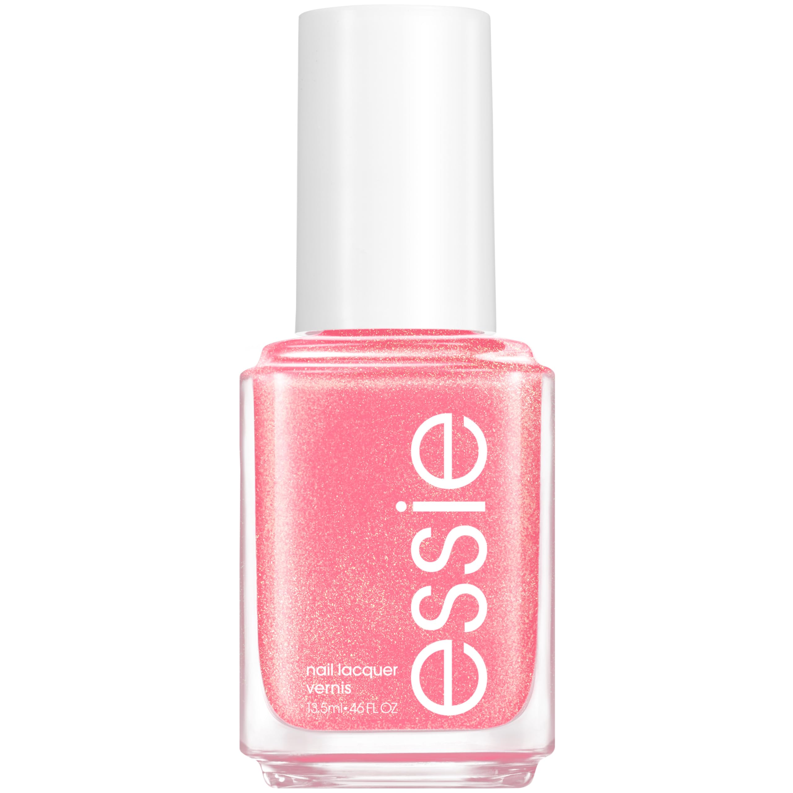 Esmalte essie rosa brillo en botella, color de tendencia rosa brillos perfecto para primavera.