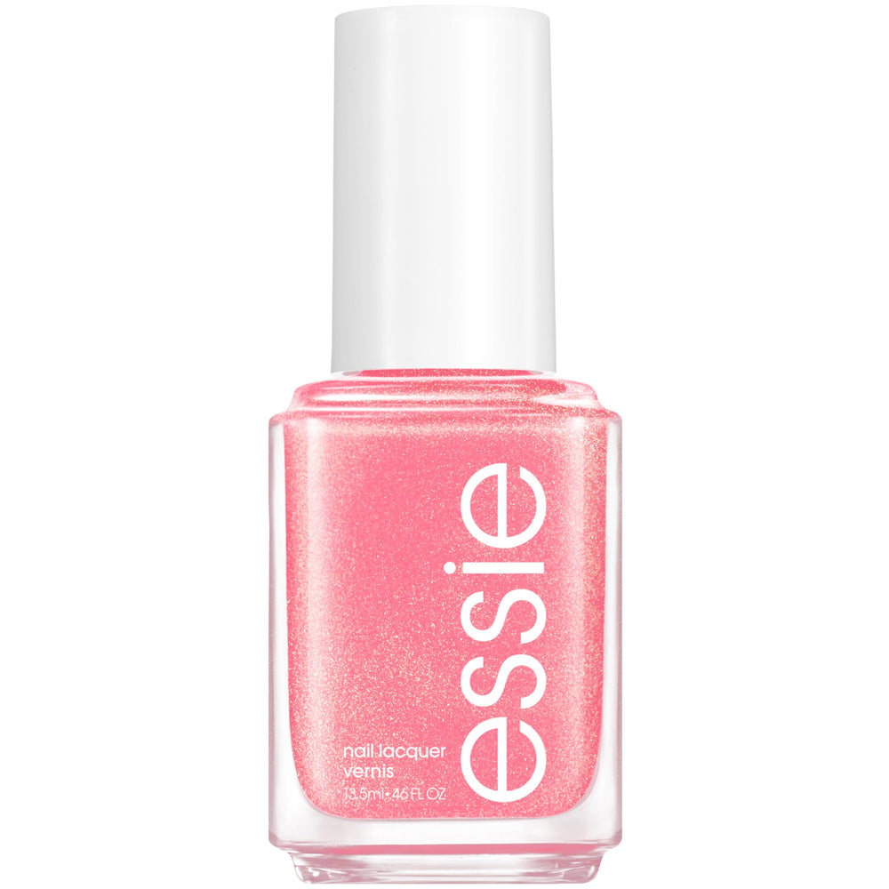 Esmalte essie rosa brillo en botella, color de tendencia rosa brillos perfecto para primavera.