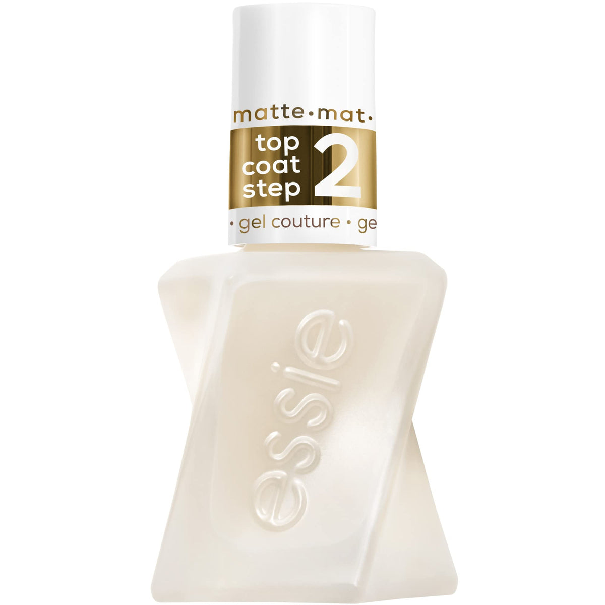 essie Gel Couture capa superior mate, acabado duradero sin lámpara UV.