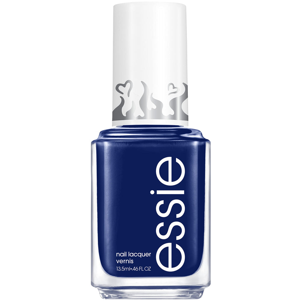 essie License To Thrill en botella, tono azul cobalto para acabado intenso.