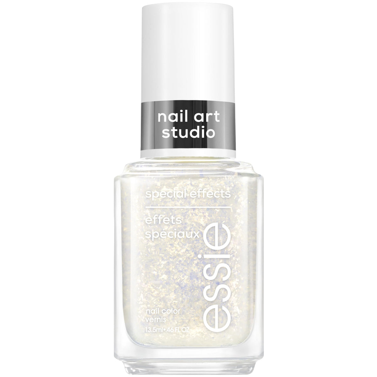 essie Separated Starlight en botella con escamas doradas para un acabado glamuroso.