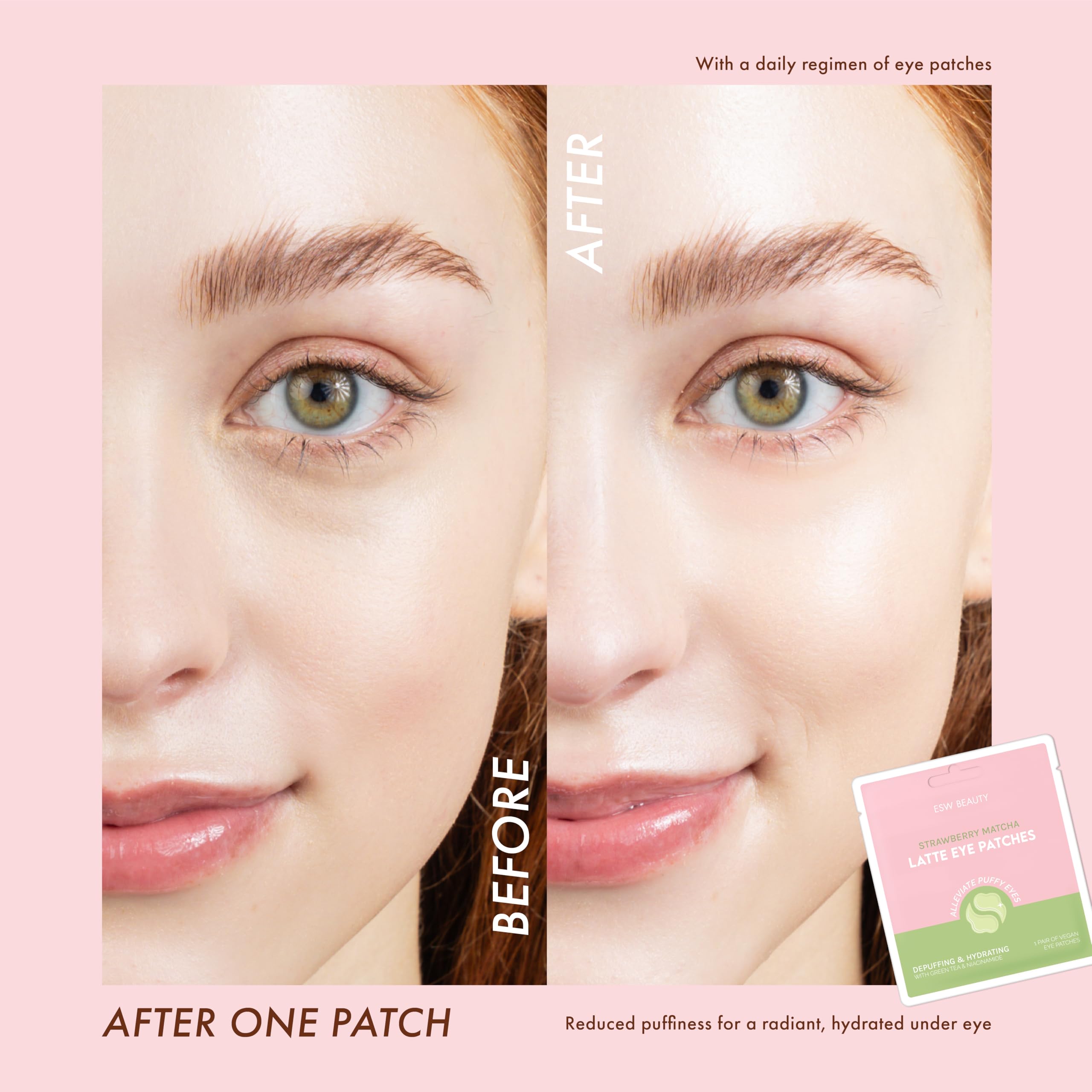 ESW Beauty parches ojos fresa matcha latte: aplicación suave en piel limpia.