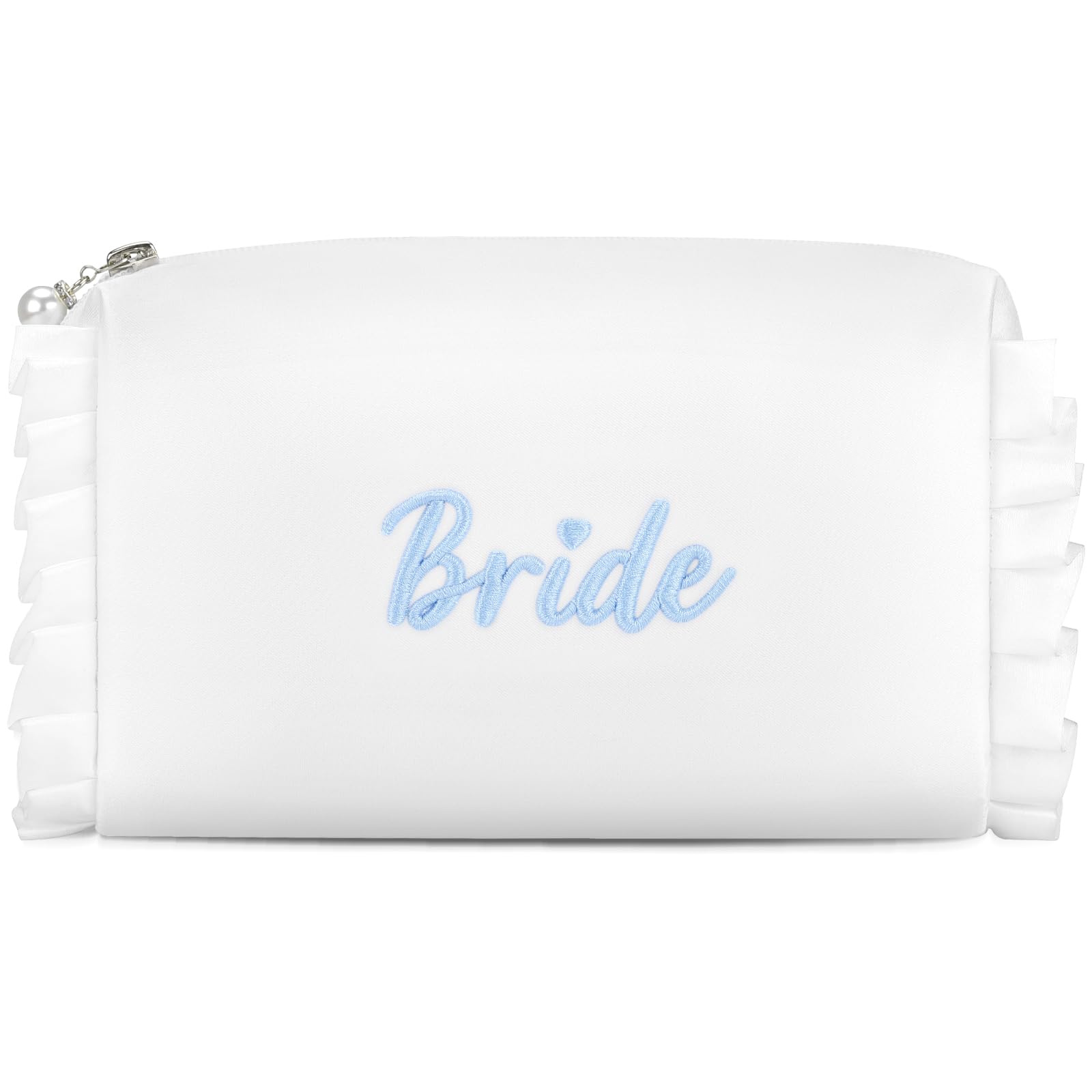 Bolsa de cosmética Etercycle Bride en satén blanco para novias, ideal para maquillaje diario.