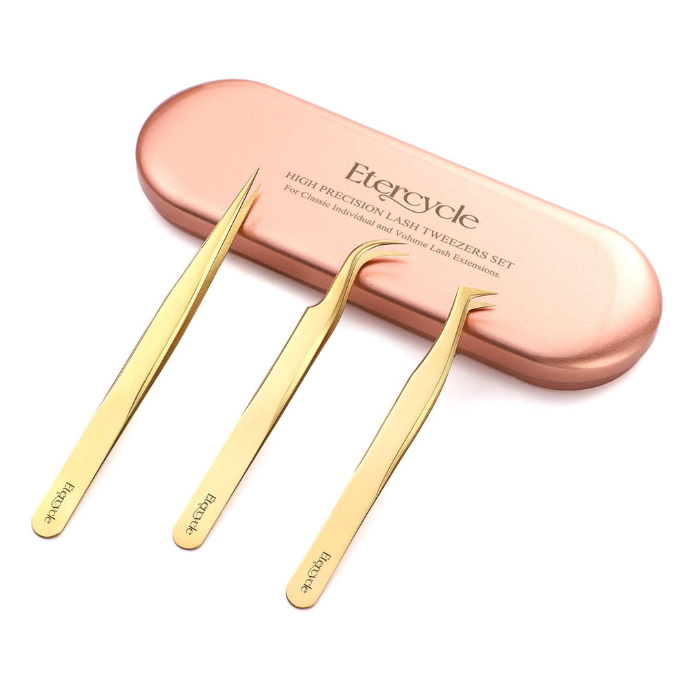 Kit completo Etercycle para pestañas con tres pinzas y estuche.