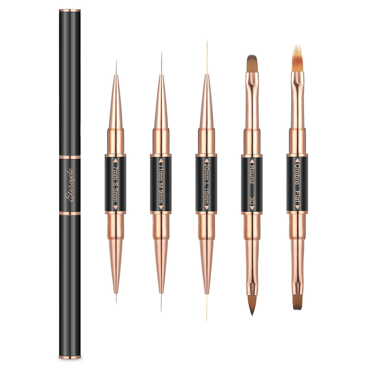 Set de brochas Etercycle para arte de uñas, doble extremo para trazos precisos.
