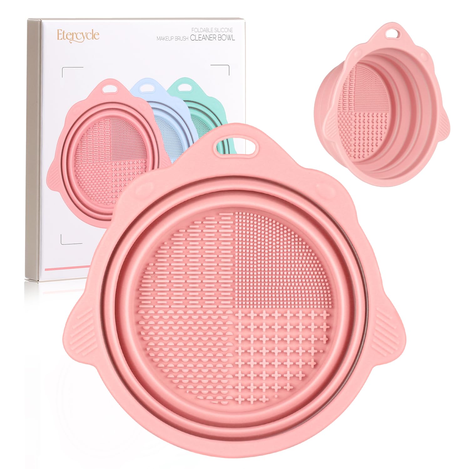 Etercycle tazón plegable rosa para limpieza de brochas de maquillaje en casa o viaje.