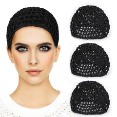 Gorro Etercycle de malla crochet negro, conjunto práctico para dormir y proteger el peinado.