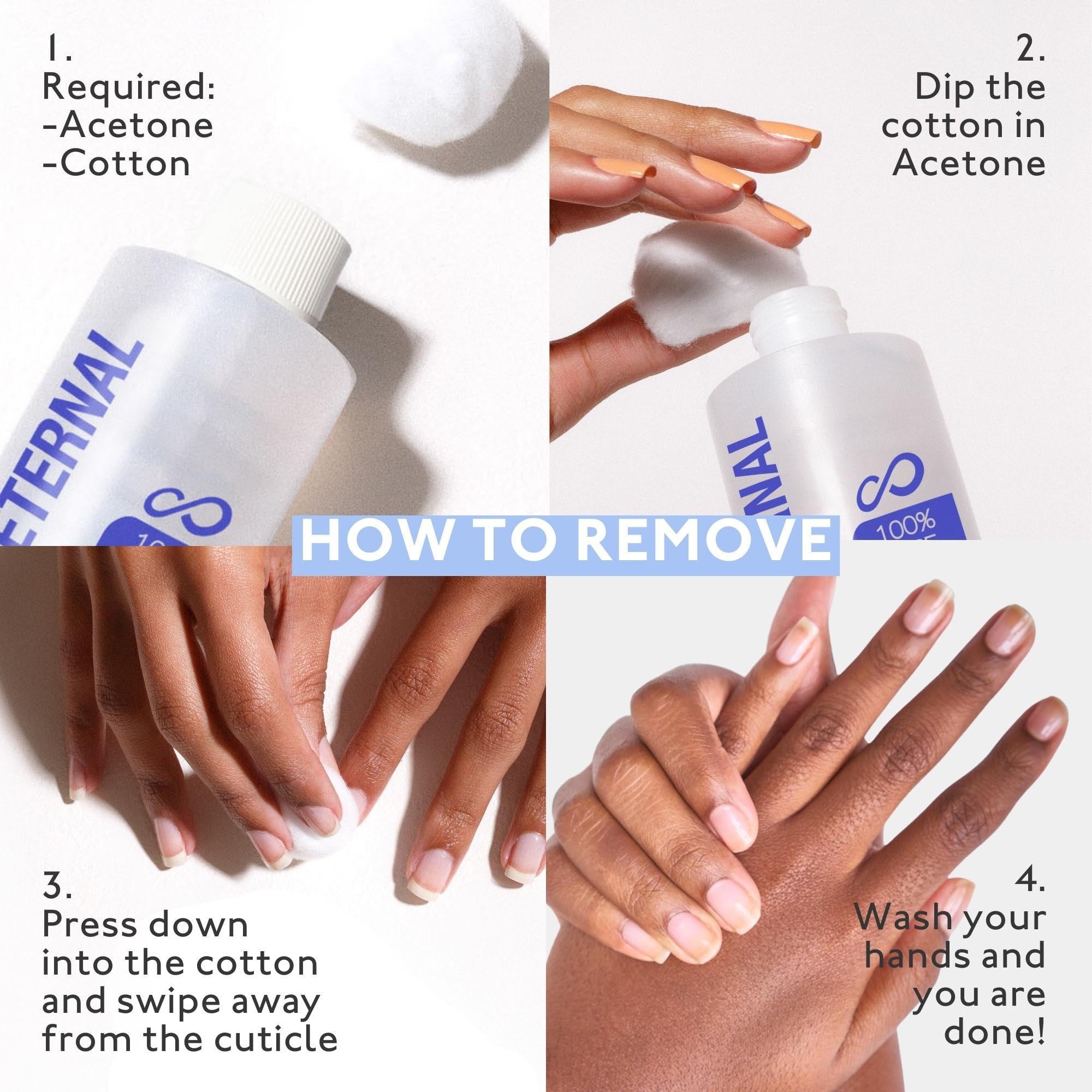 Eternal Acetone with cotton swab for easy removal steps demonstrated