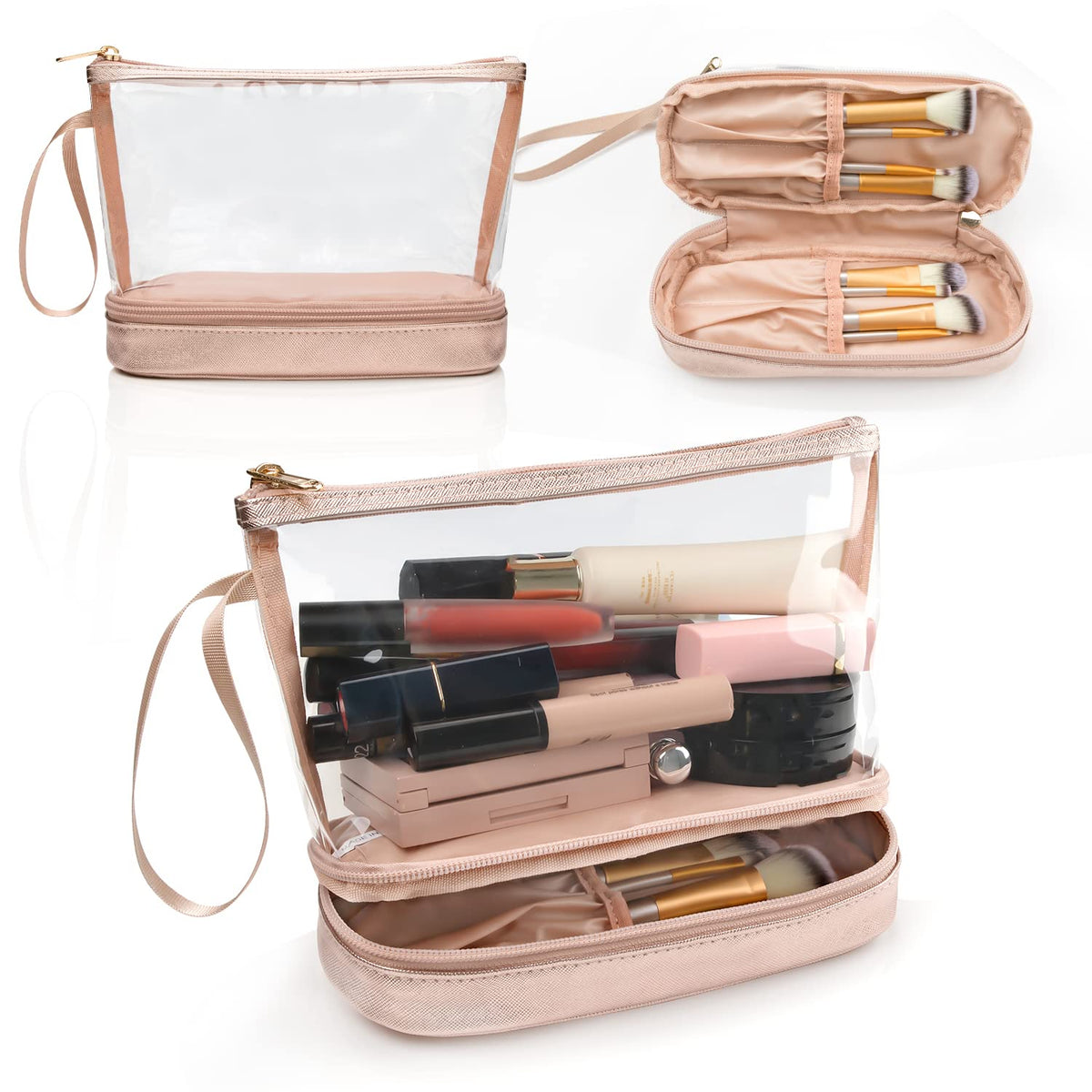 Ethereal bolsa maquillaje transparente con acabado rosa dorado para organización rápida de cosméticos.