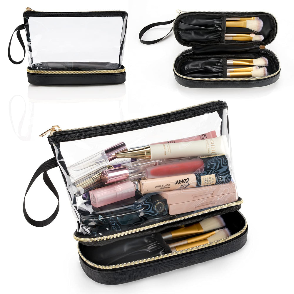 Bolsa Ethereal para maquillaje de viaje transparente, facilita localizar productos esenciales.