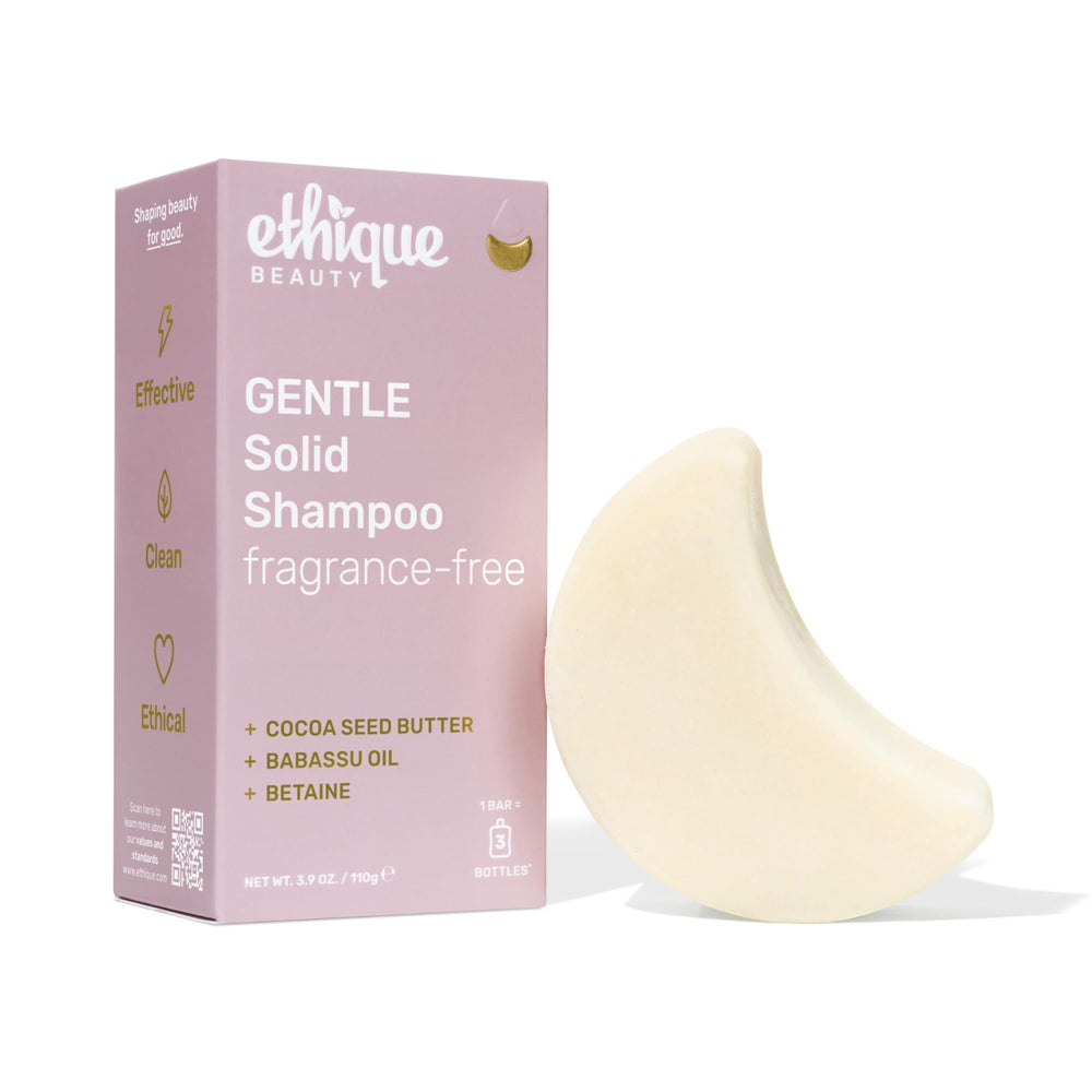 Ethique barra champú suave sin fragancia con manteca de cacao para cabello suave y manejable.