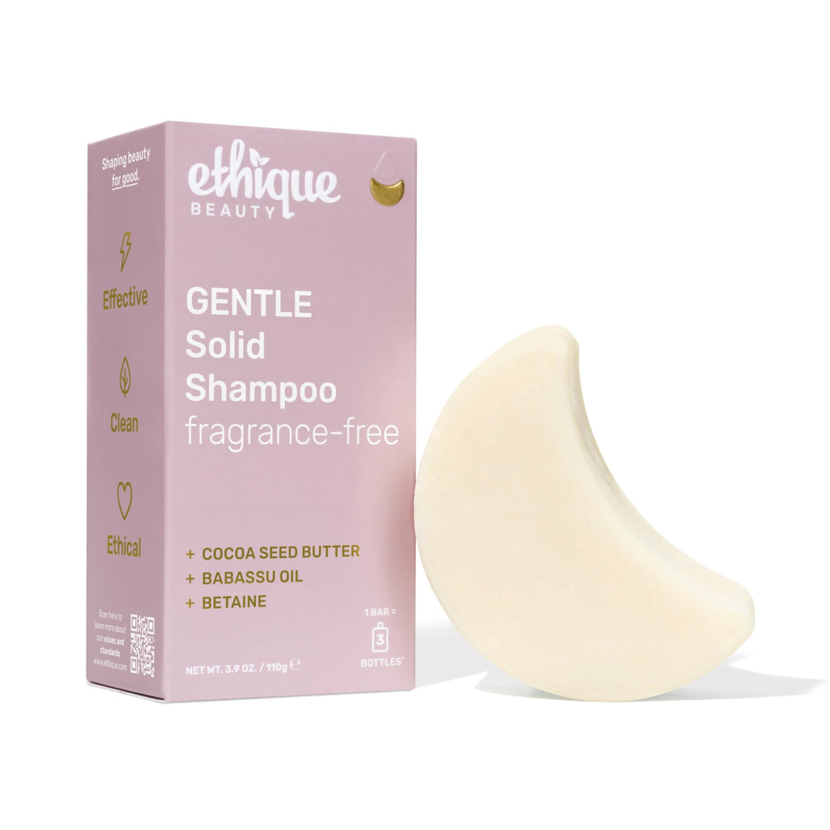 Ethique barra champú suave sin fragancia con manteca de cacao para cabello suave y manejable.