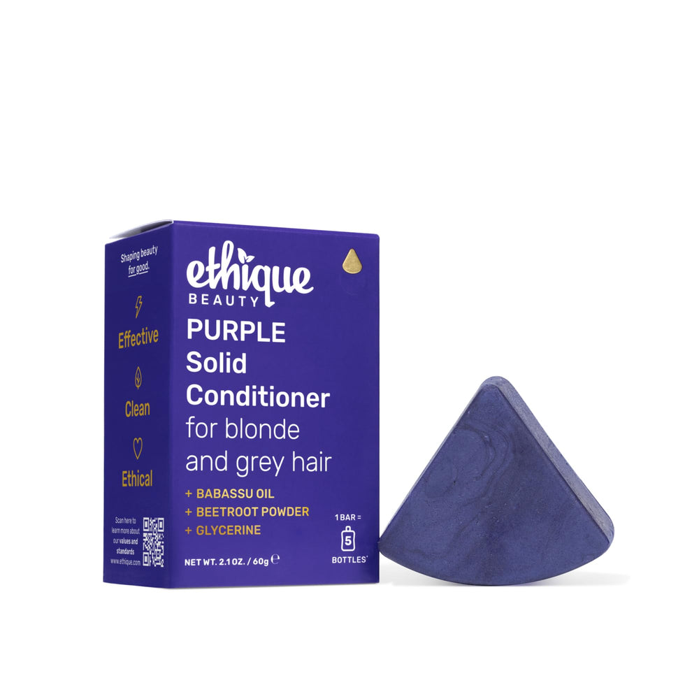 Ethique Purple Conditioner Bar bottle close-up showing plastic-free packaging and brass-toning action.