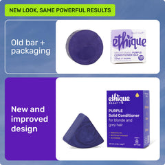 Ethique Purple Conditioner Bar in hand demonstrates portable travel-friendly design.