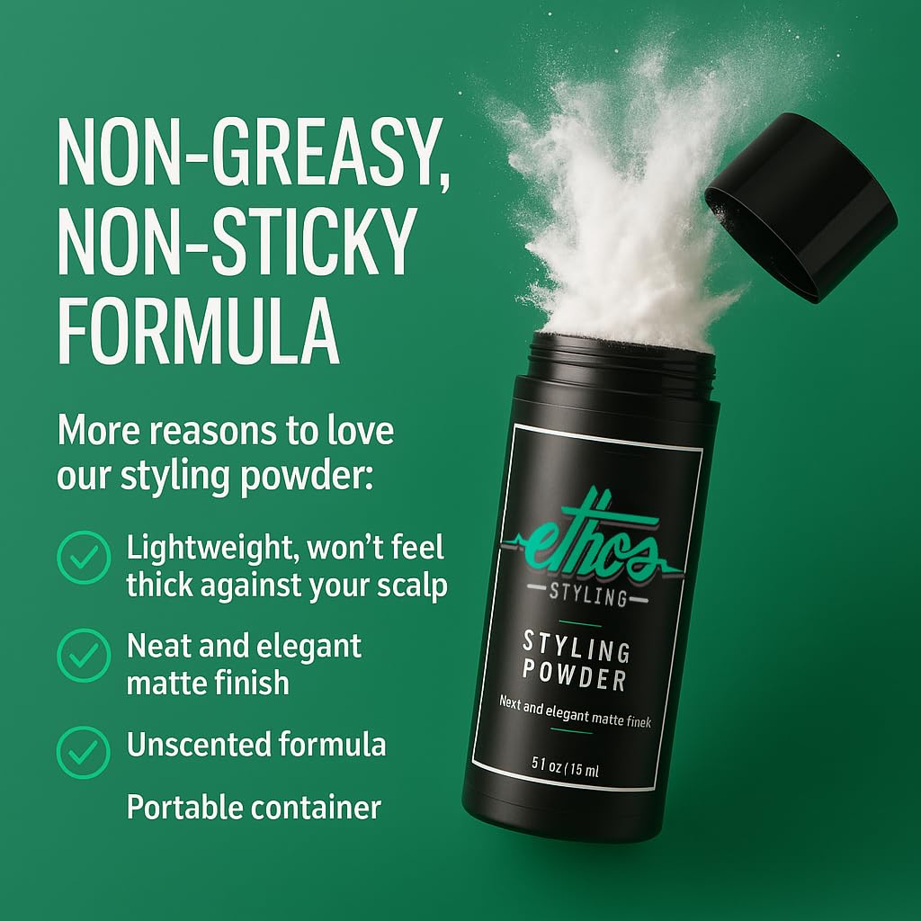 Ethos Styling Texture Powder con acabado mate para peinados duraderos.