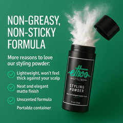 Ethos Styling Texture Powder con acabado mate para peinados duraderos.