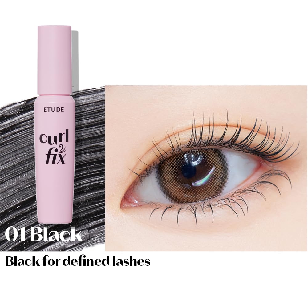 ETUDE Curl Fix Mascara Mini muestra curvatura de 24 horas sin caída.