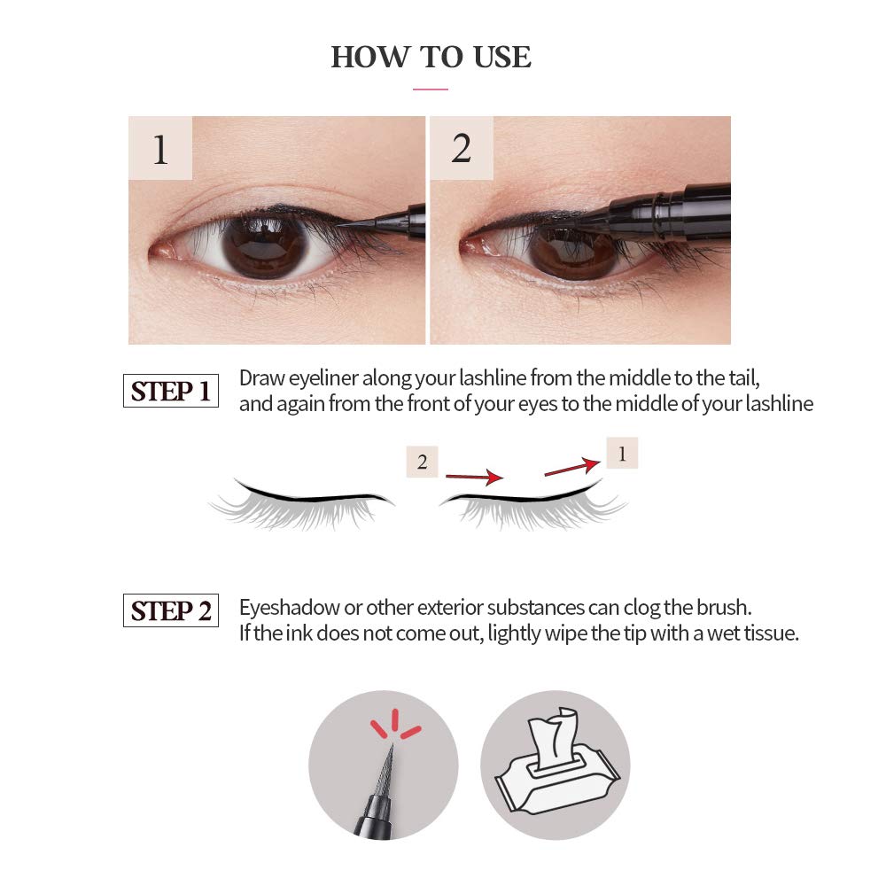 ETUDE Drawing Show Brush Eyeliner limpieza fácil con agua tibia.