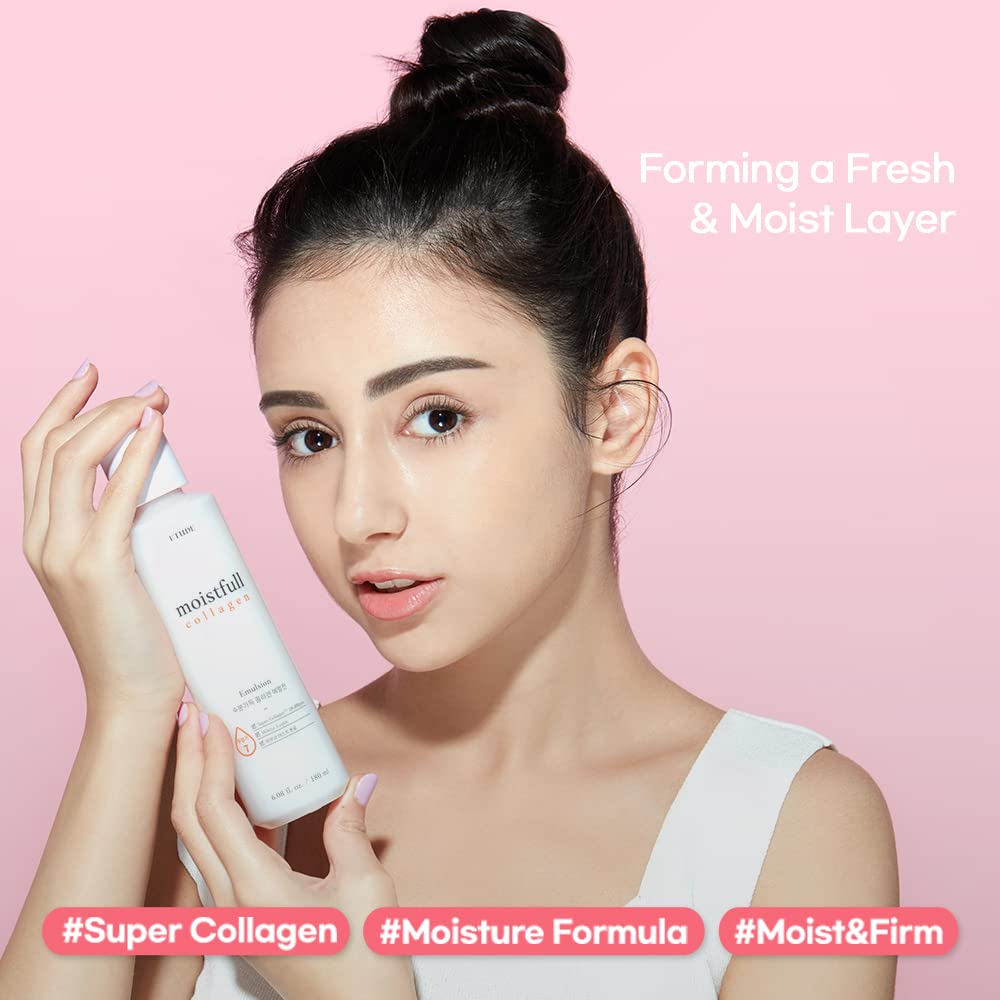 ETUDE Moistfull Colágeno Emulsión: textura leche que se desliza y deja piel luminosa.