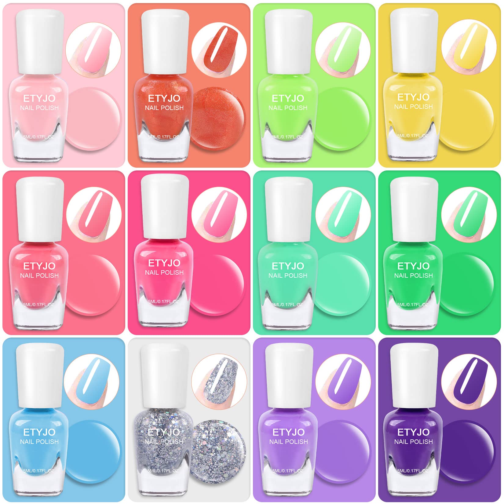 ETyJO esmaltes para niñas, 12 colores vibrantes para combinar.