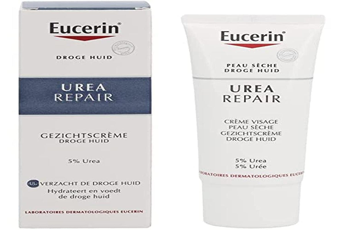 Eucerin 5% Urea smoothing face cream tube packaging demonstrates simple daily hydration