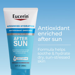 Eucerin loción postsolar, aplicación suave para piel sensible tras exposición solar.