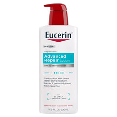 Loción corporal Eucerin Advanced Repair sin fragancia hidrata por 48 horas.
