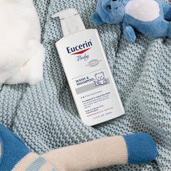 Détail du flacon pompe Eucerin Bébé, formule 2-en-1 adaptée à la routine quotidienne.