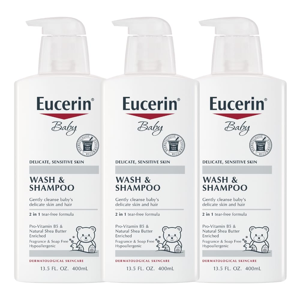 Eucerin Bébé Shampoing et Gel Douche sans parfum, flacon pompe, nettoie en douceur peau et cheveux.