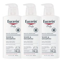 Eucerin Bébé Shampoing et Gel Douche sans parfum, flacon pompe, nettoie en douceur peau et cheveux.